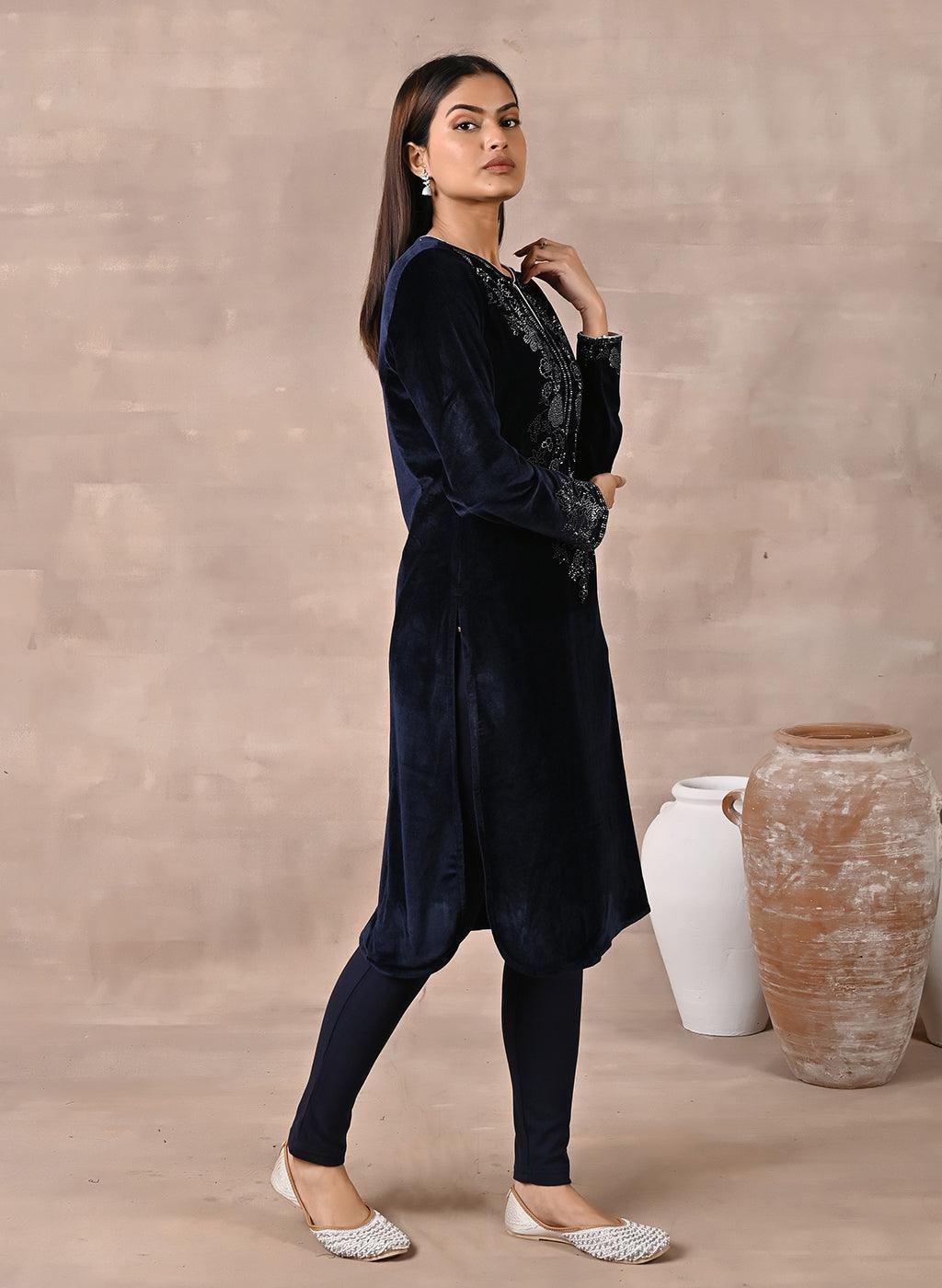 Navy Blue Velvet Kurta With Fine Mirror Beads Work