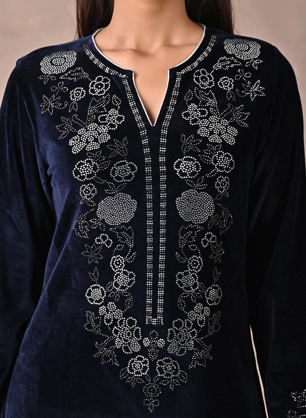 Navy Blue Velvet Kurta With Fine Mirror Beads Work