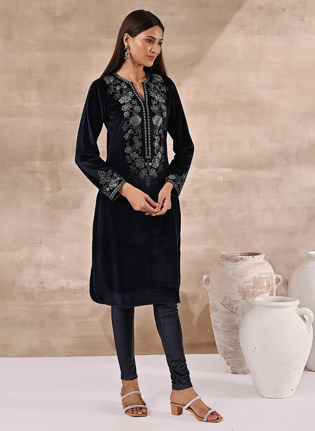 Purple Velvet Kurta With Fine Mirror Beads Work