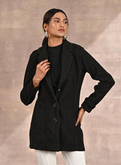 Grey Brushed Wool Long Sleeve Coat With Leather Piping