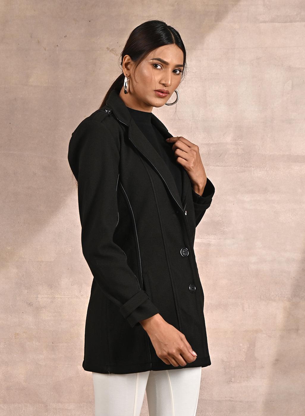 Grey Brushed Wool Long Sleeve Coat With Leather Piping