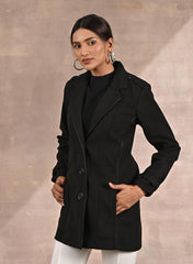 Grey Brushed Wool Long Sleeve Coat With Leather Piping