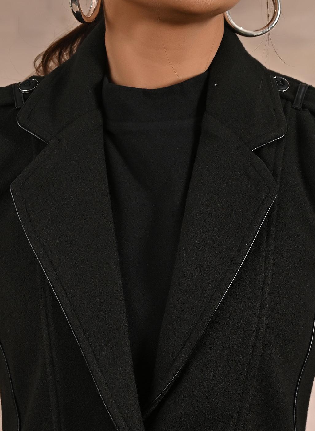 Grey Brushed Wool Long Sleeve Coat With Leather Piping