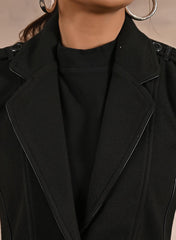 Grey Brushed Wool Long Sleeve Coat With Leather Piping