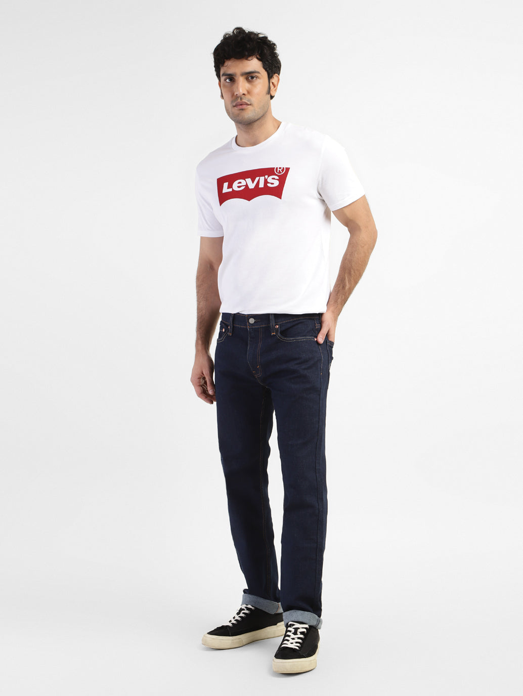 Levis men's jeans style shot showing classic blue denim with five-pocket design and straight-leg fit.