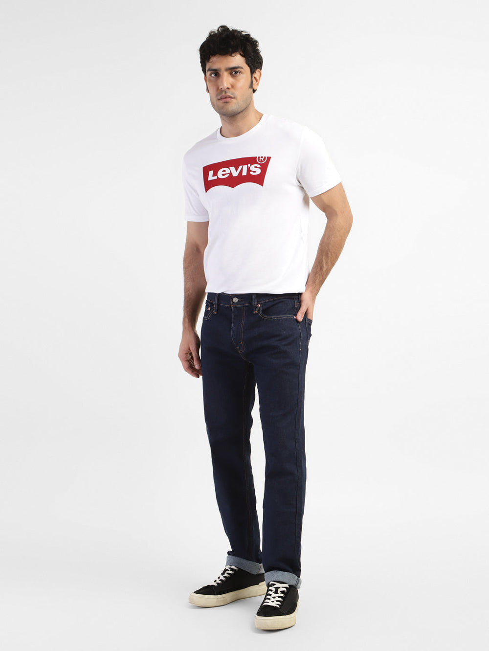 Levis men's jeans style shot showing classic blue denim with five-pocket design and straight-leg fit.