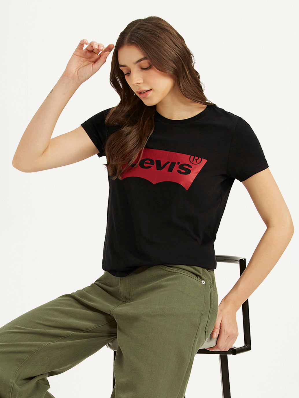 Levi's women's crew neck T-shirt with brand logo, soft cotton fabric, and classic fit, displayed on a plain background.