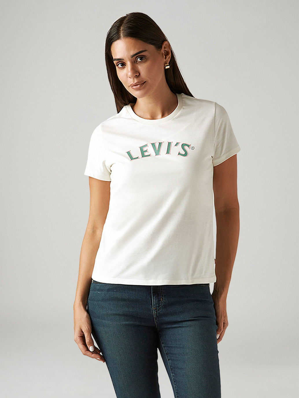 Levi's women's white crew neck T-shirt with brand logo, casual western style top, short sleeve, front view.