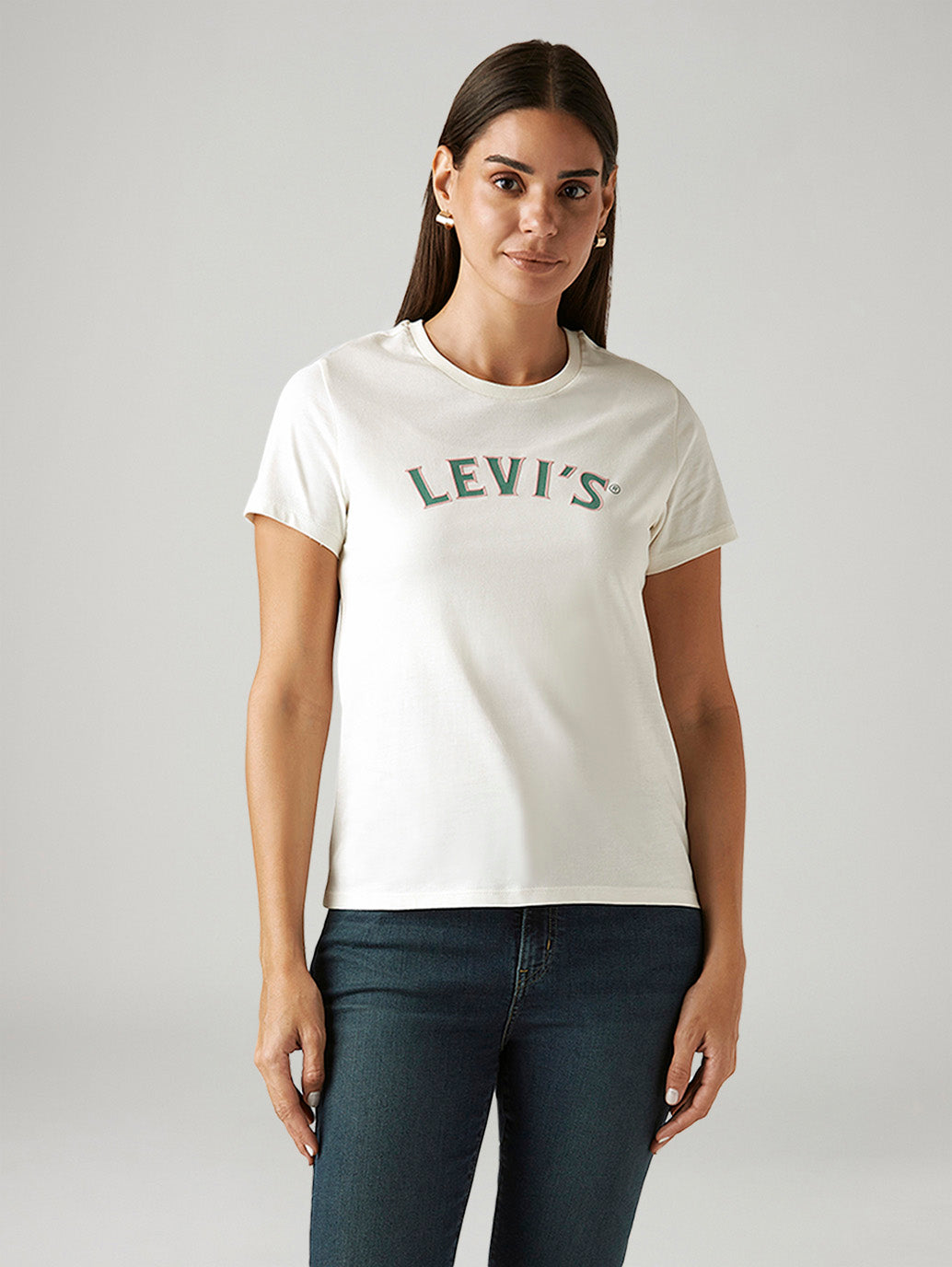 Levis women's white crew neck T-shirt with brand logo, front view, casual Western style top for women.