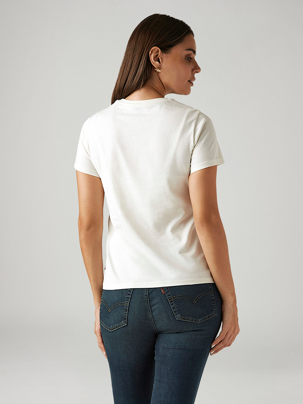 Levis women's white crew neck T-shirt with brand logo, back view, casual western-style top for women.