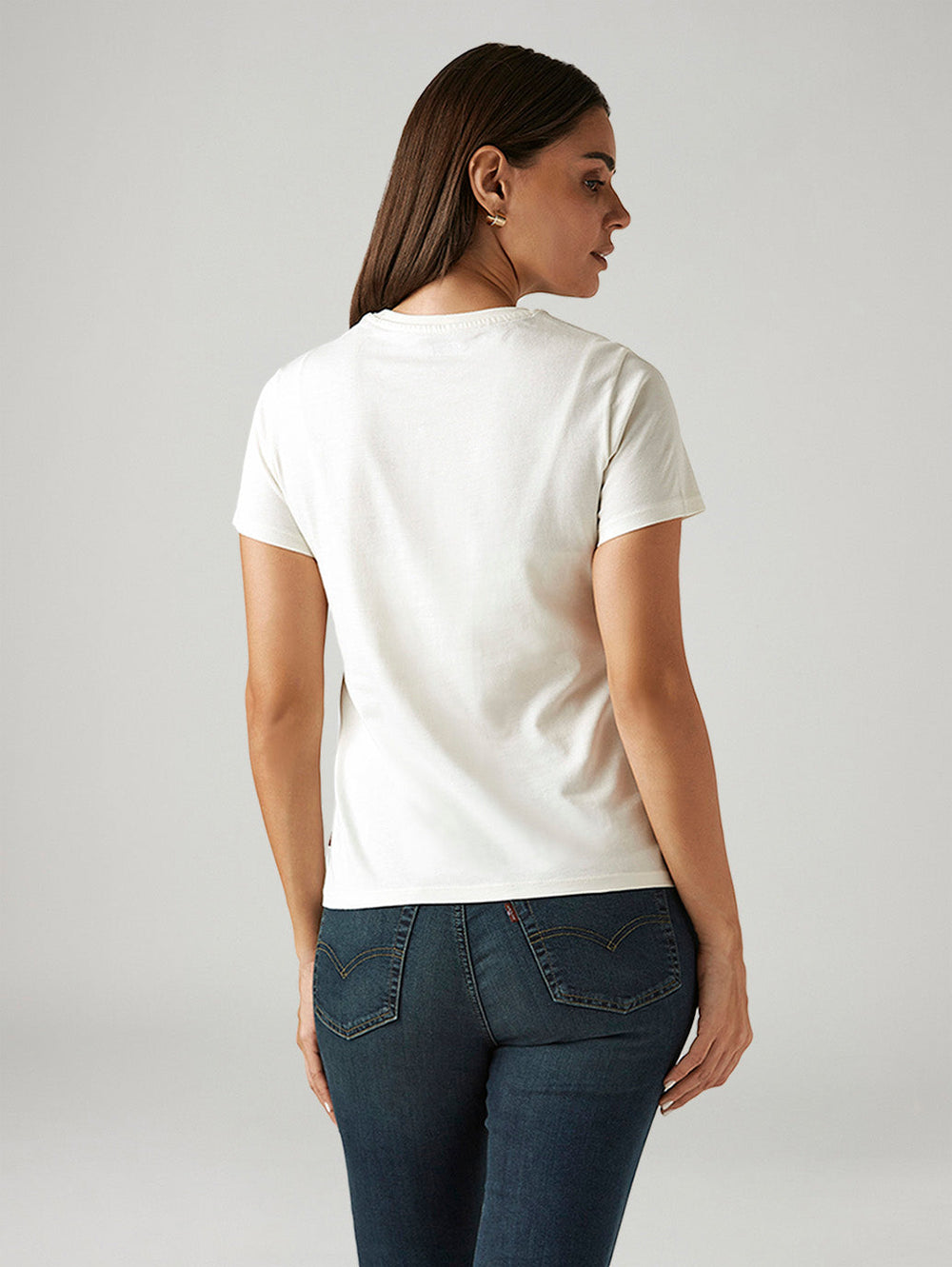 Levis women's white crew neck T-shirt with brand logo, back view, casual western-style top for women.