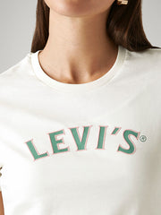 Levis women's white crew neck T-shirt with brand logo, short sleeve, casual top, perfect for everyday Western style.
