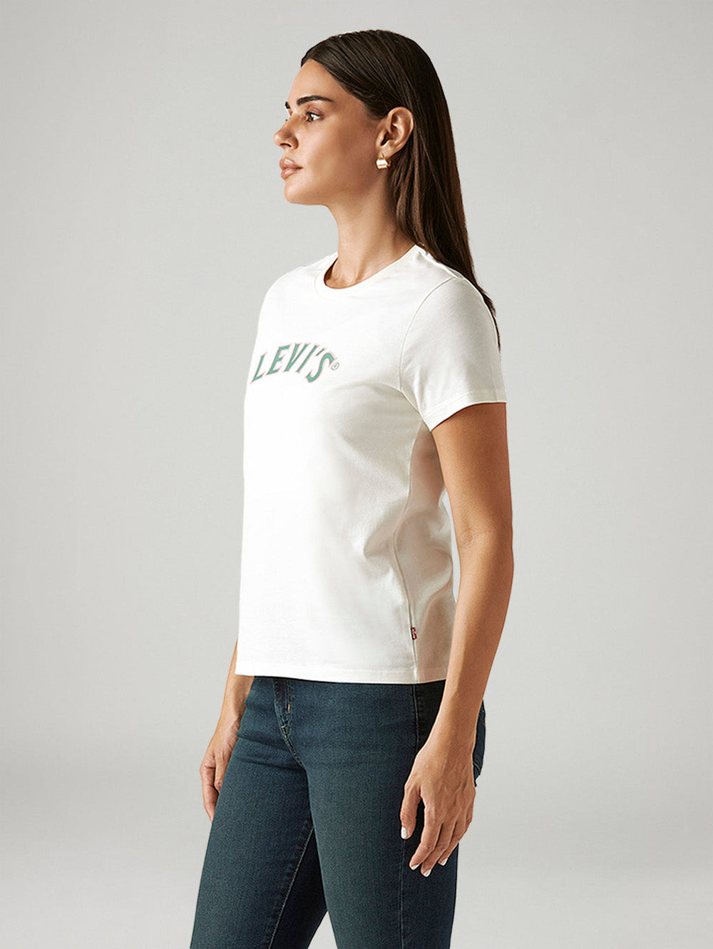 Levis women's white crew neck T-shirt with brand logo, side view showing classic fit and casual style.