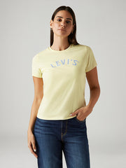 Levis women's yellow crew neck t-shirt with brand logo, long sleeve top, casual western style, front view.