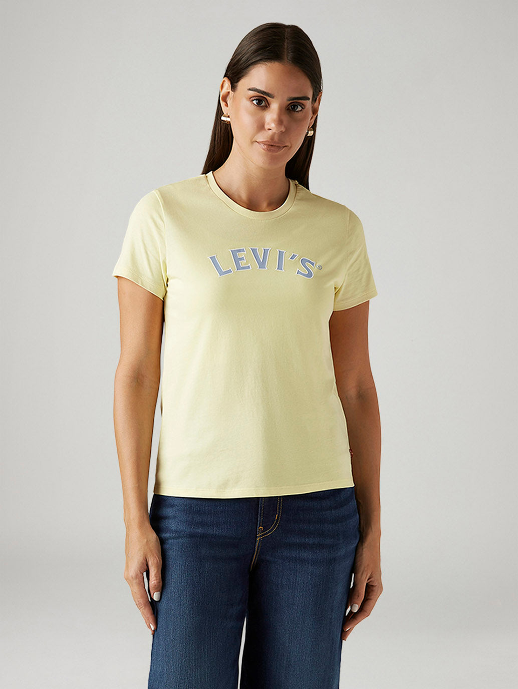 Women's yellow crew neck T-shirt by Levi's featuring a brand logo, shown from the front view.