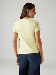 Back view of Levis women's yellow crew neck T-shirt with brand logo, made for Western-style casual wear.