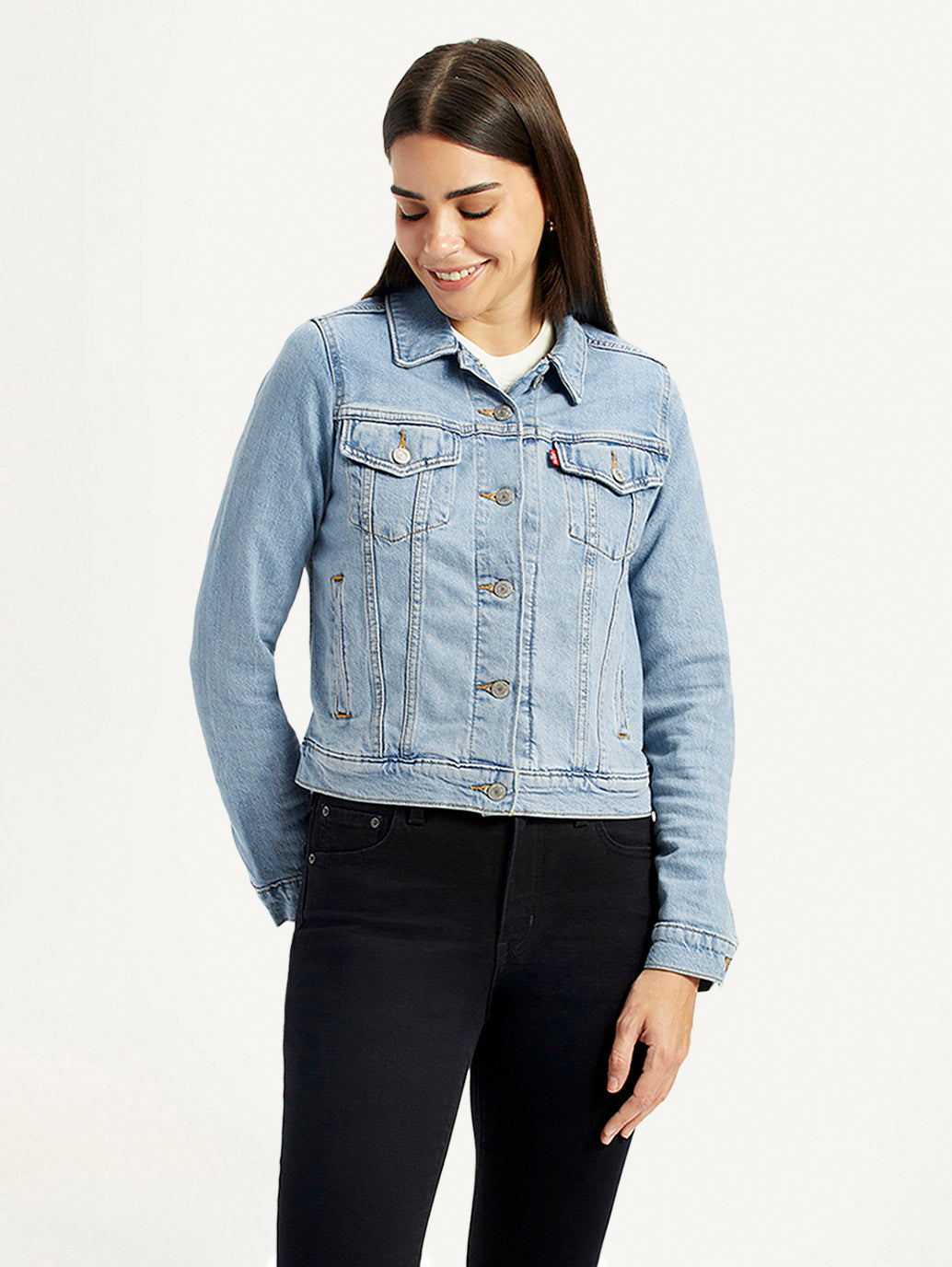 Levi's women's light blue solid trucker jacket with front pockets, casual western style, suitable for winterwear.