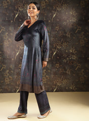 Navy Blue Printed Velvet Kurta Set With Swarovski Work