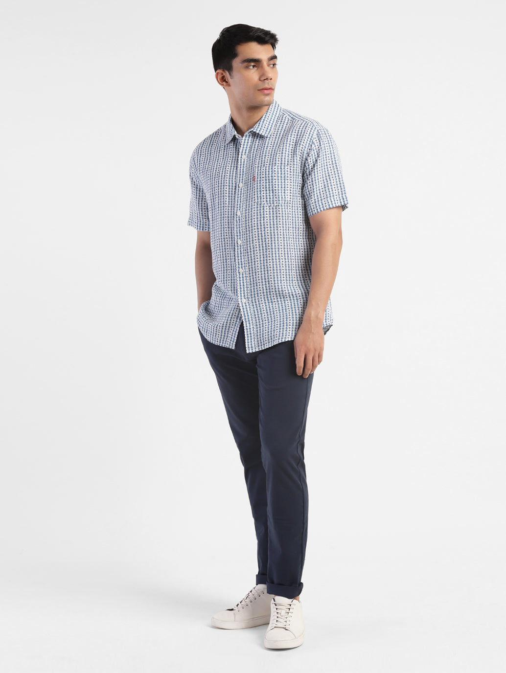 Men'S Geometric Print Spread Collar Linen Shirt Blue