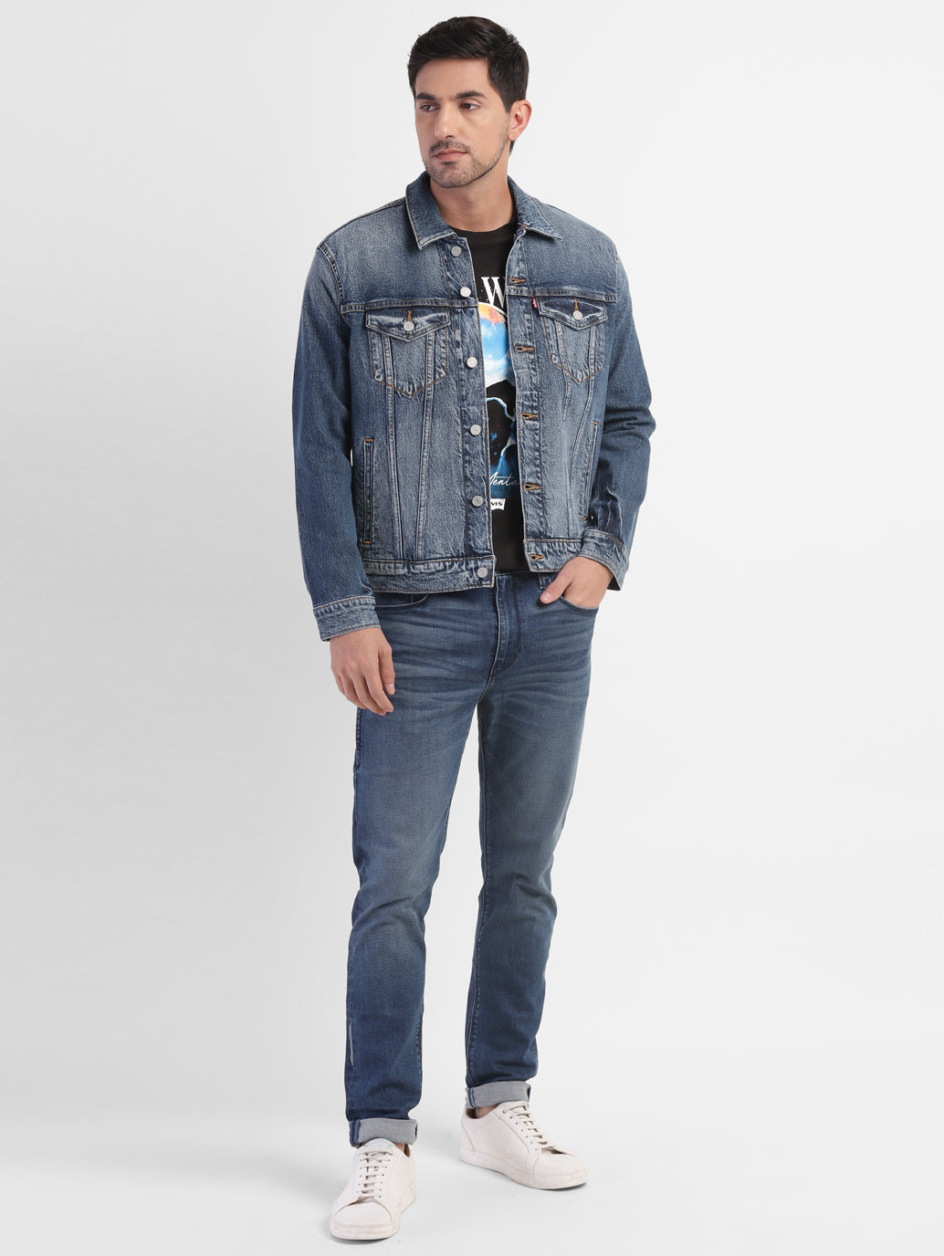 Men'S Solid Spread Collar Denim Jacket
