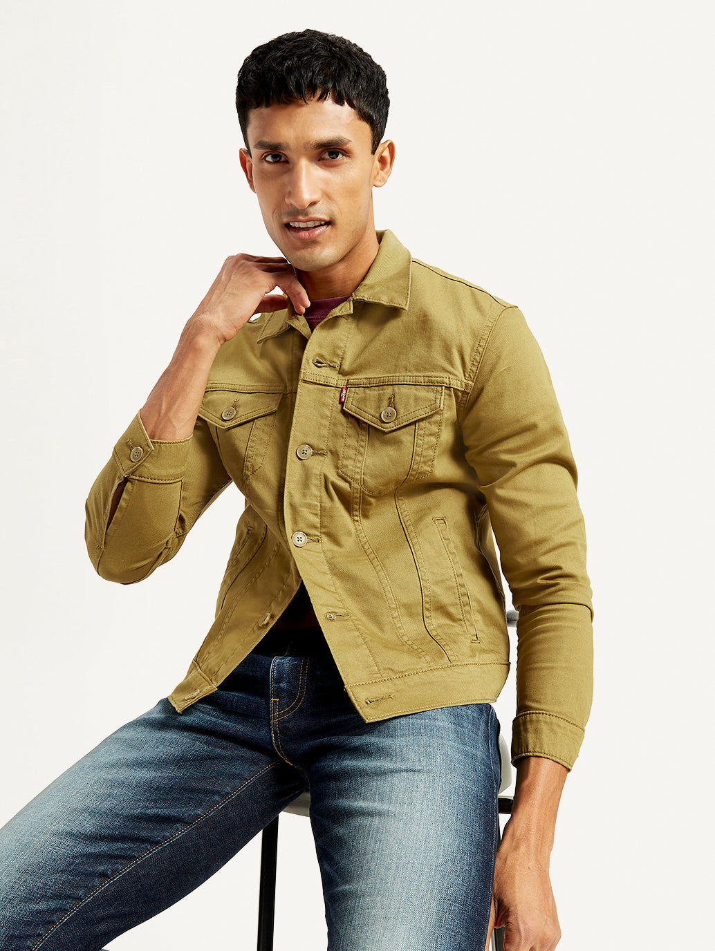 Men'S Solid Tan Spread Collar Trucker Jacket