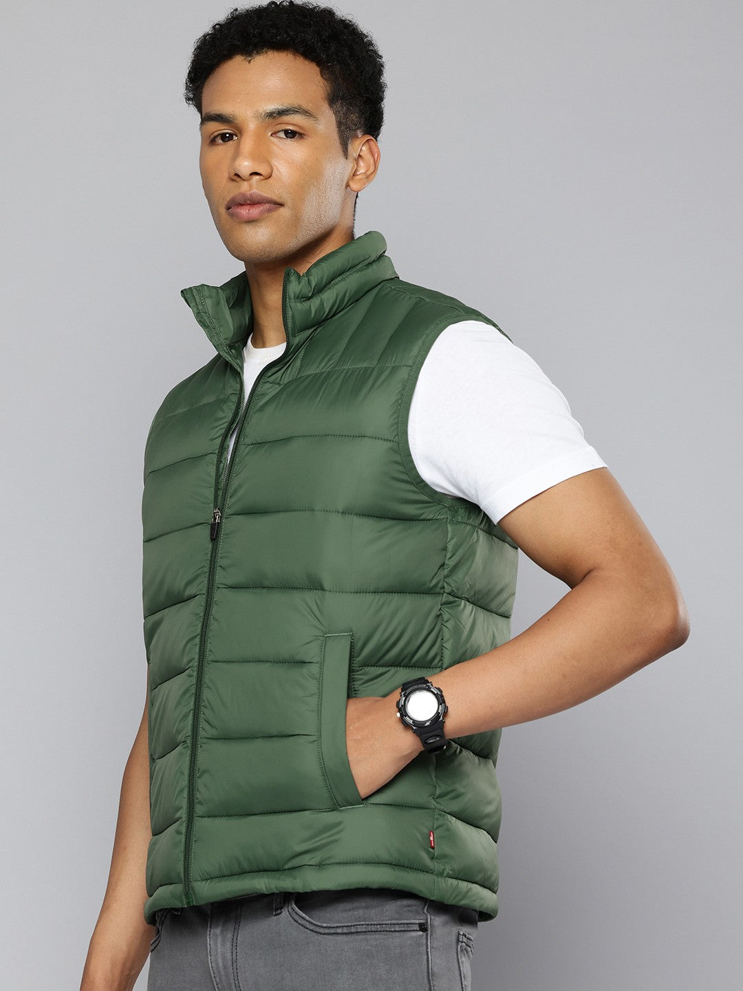 Men'S Quilted Green High Neck Puffer Jacket