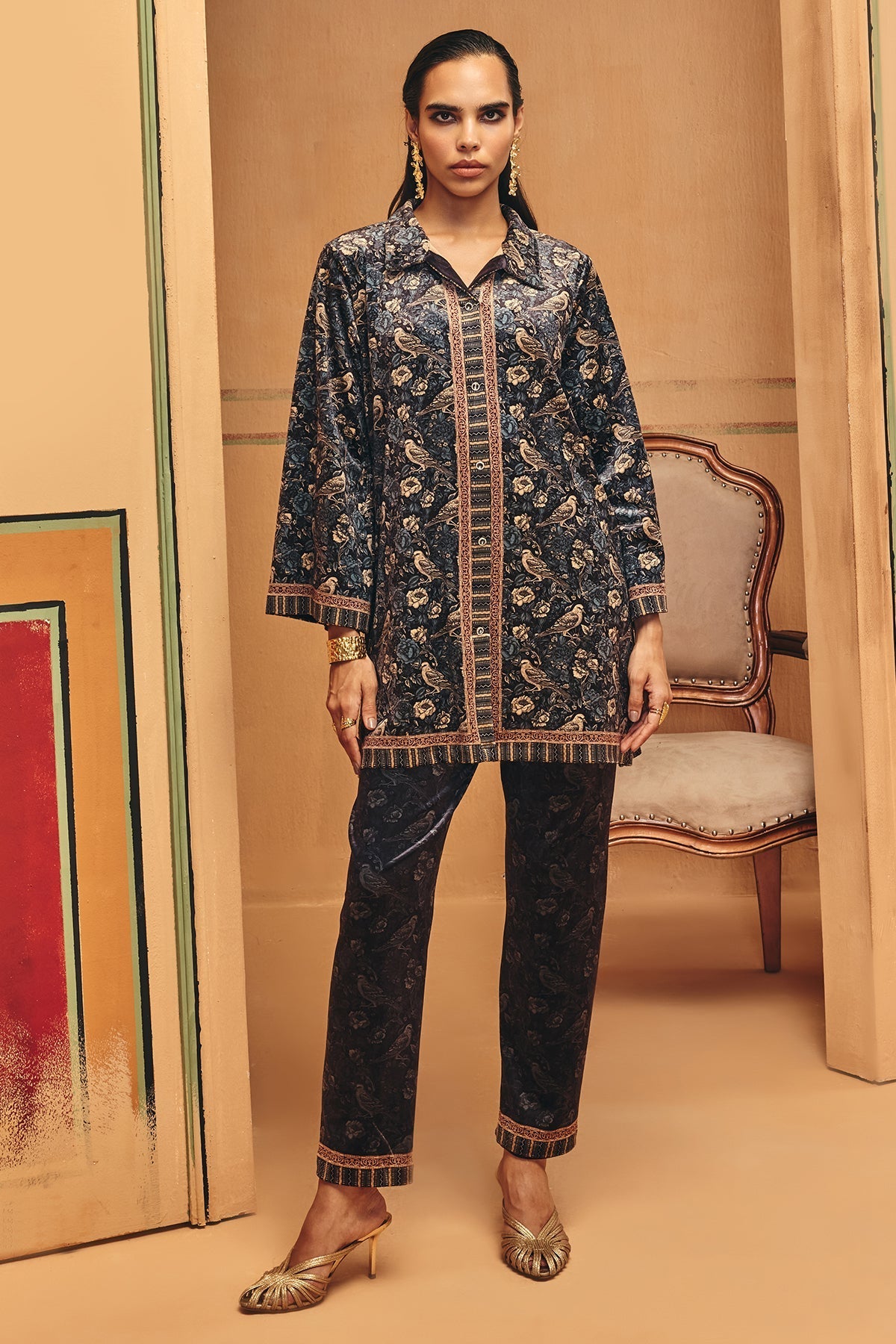 Winter Blue Printed Velvet Co-Ord Set