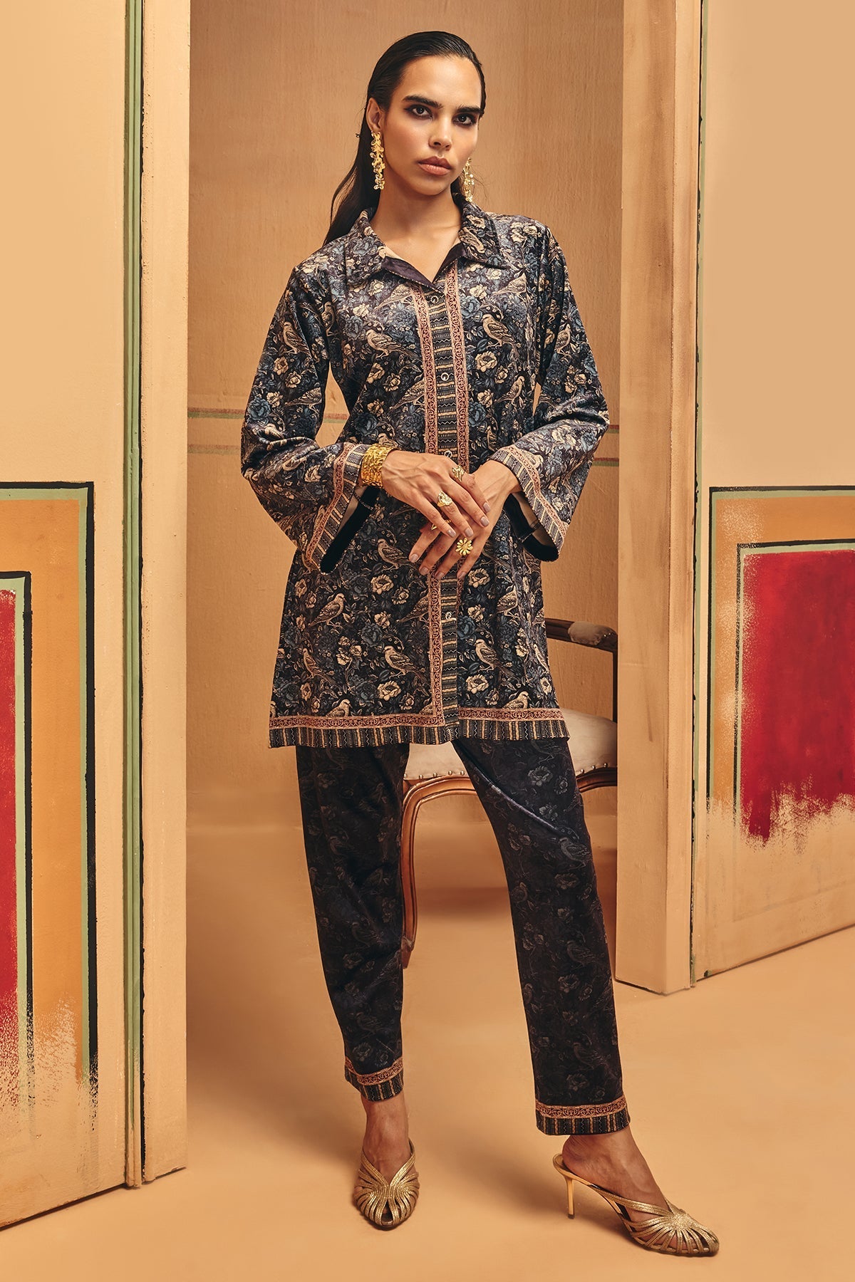 Winter Blue Printed Velvet Co-Ord Set