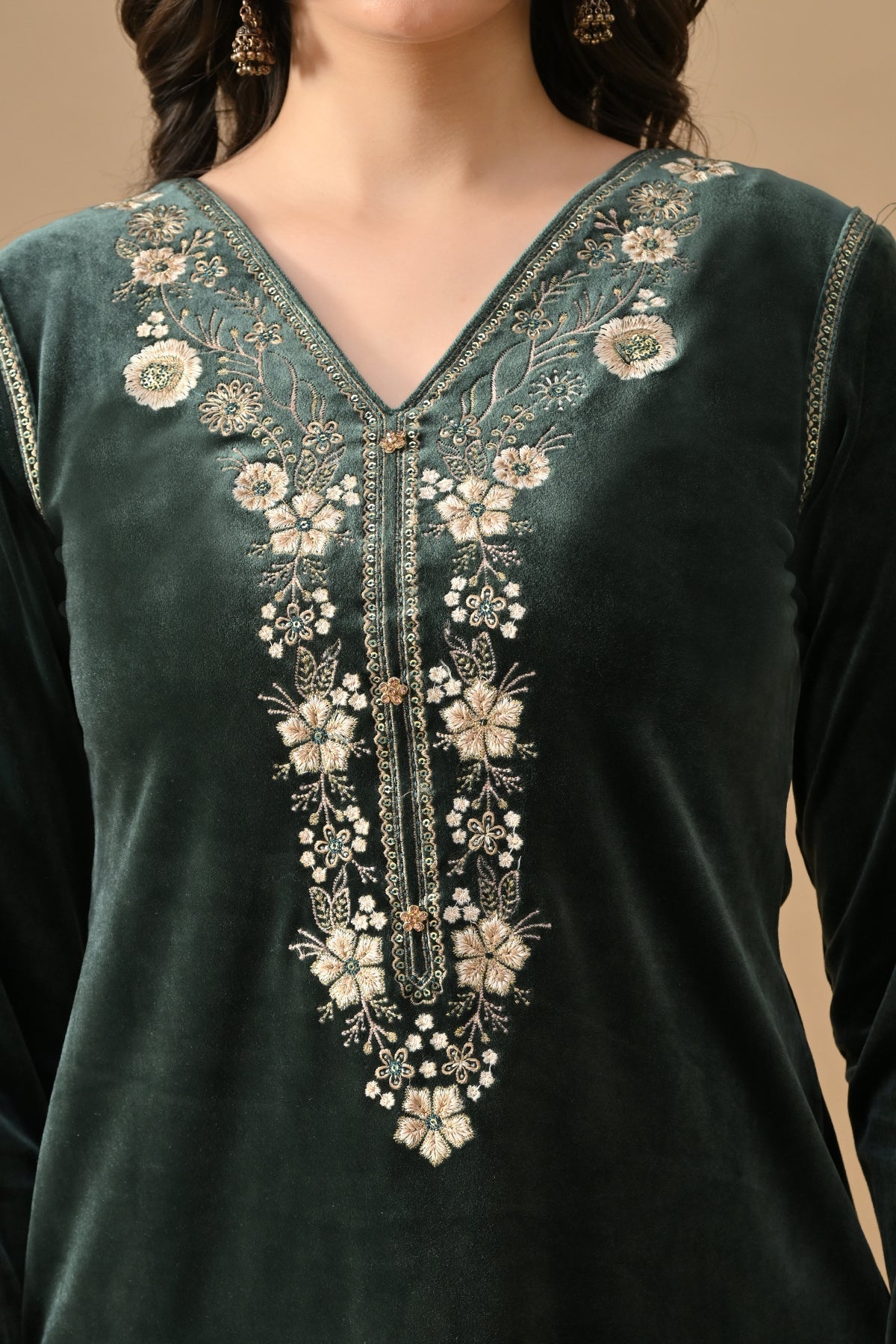 Winter Green Embroideredred Velvet Kurta Set