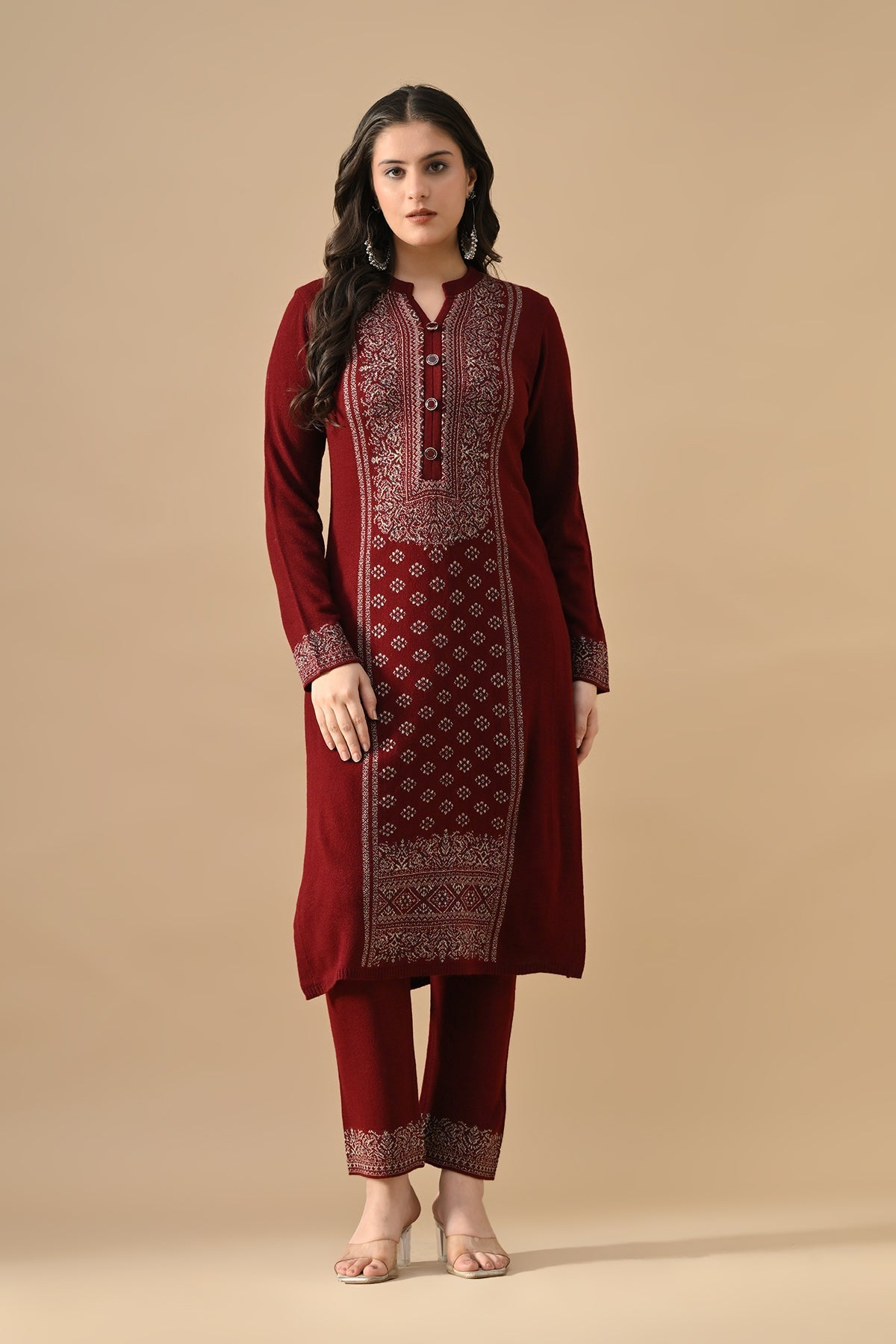 Winter Maroon Self Design Woven Kurta Set