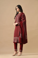 Winter Maroon Self Design Woven Kurta Set
