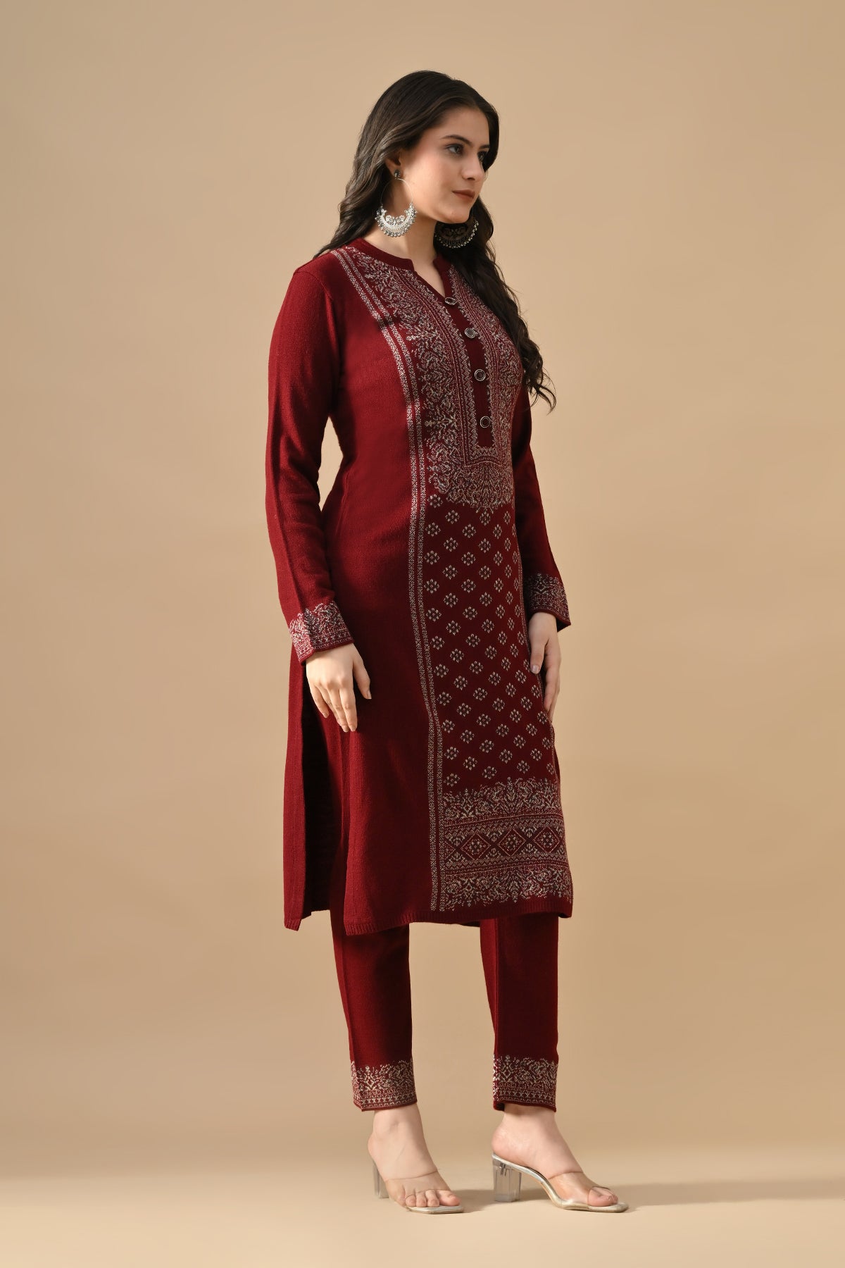 Winter Maroon Self Design Woven Kurta Set