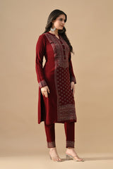 Winter Maroon Self Design Woven Kurta Set