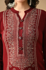 Winter Maroon Self Design Woven Kurta Set