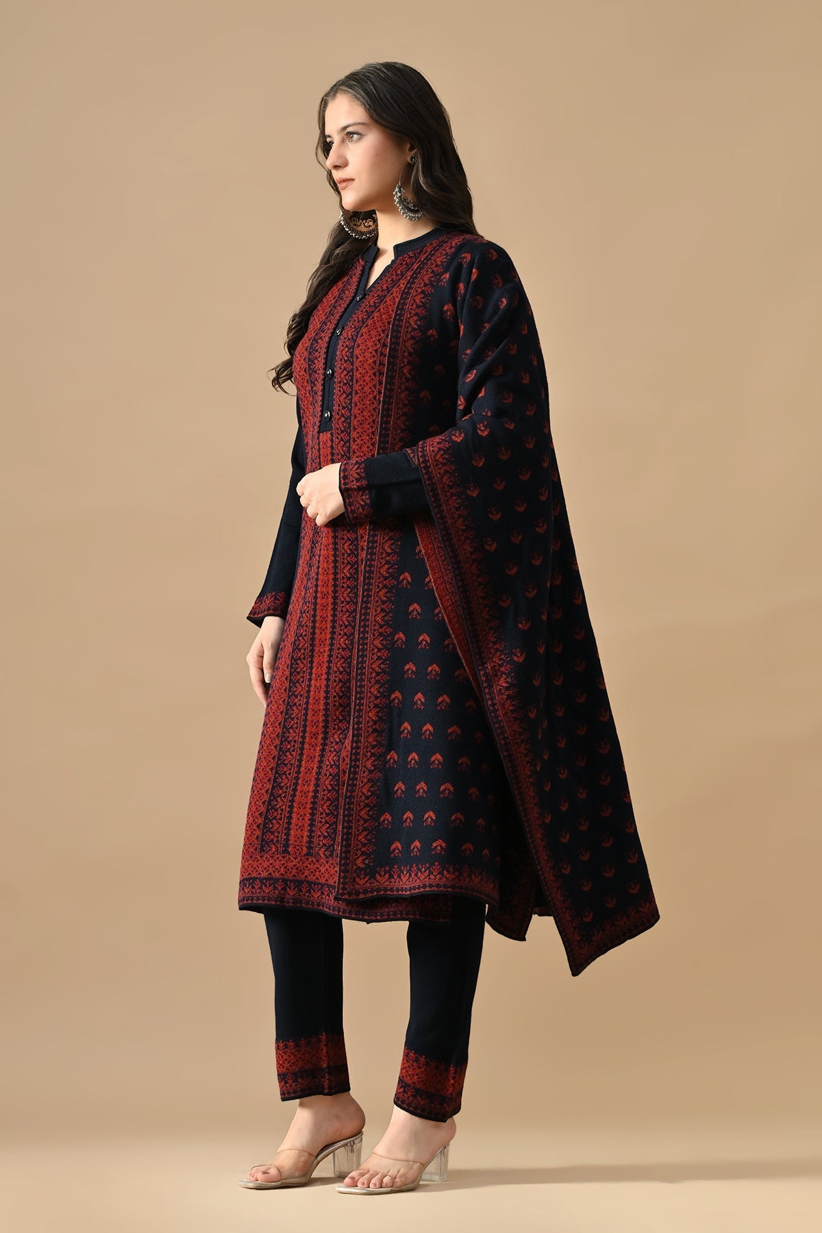 Winter Blue Printed Ethnic Motifs Woven Kurta Set