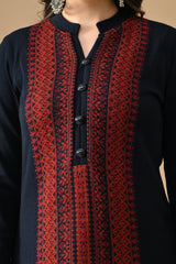 Winter Blue Printed Ethnic Motifs Woven Kurta Set
