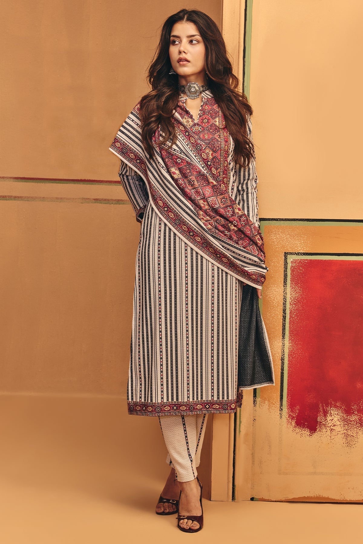 Winter Off White Self Design Woven Kurta Set