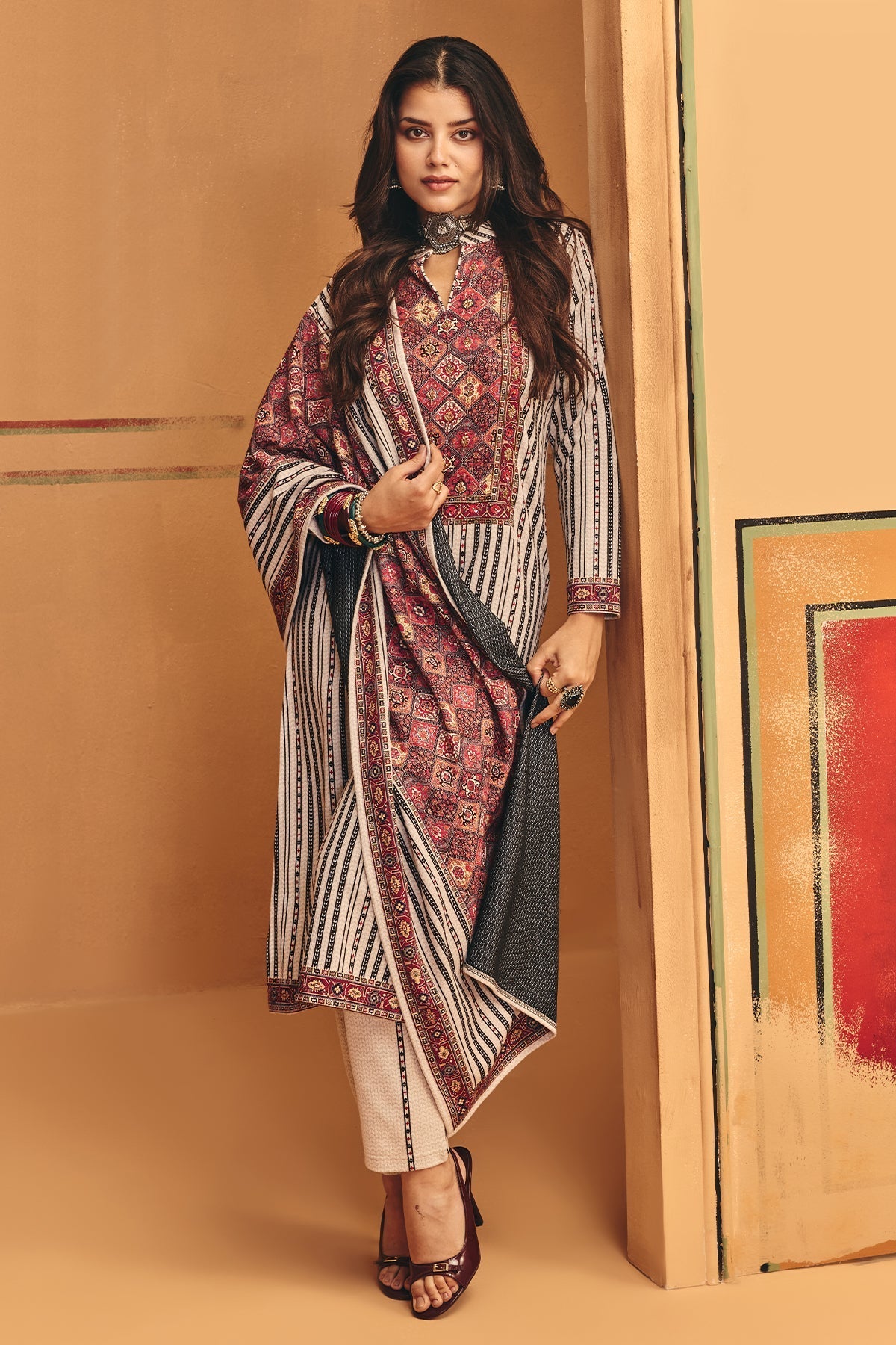 Winter Off White Self Design Woven Kurta Set