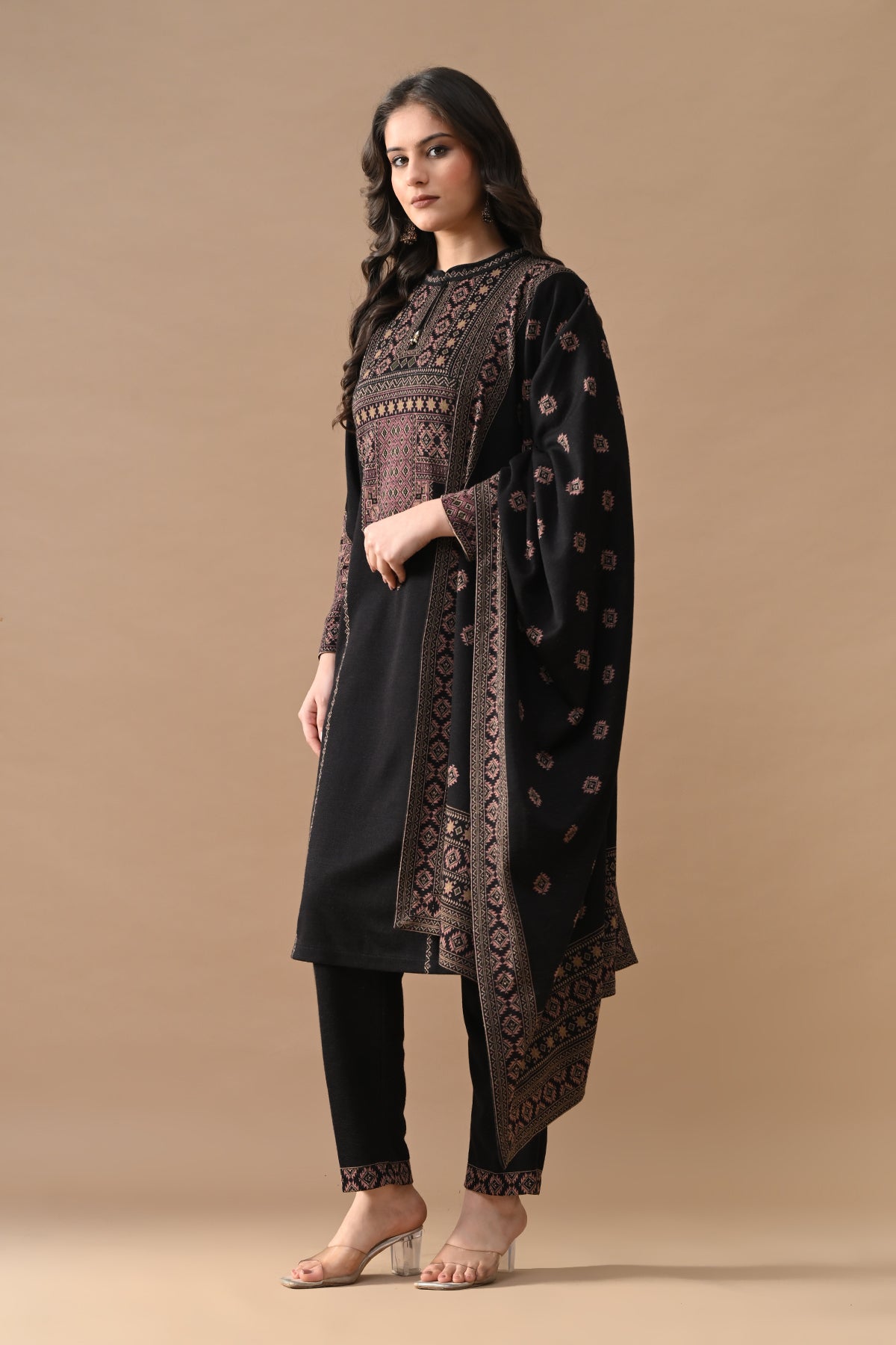 Winter Black Printed Woven Kurta Set