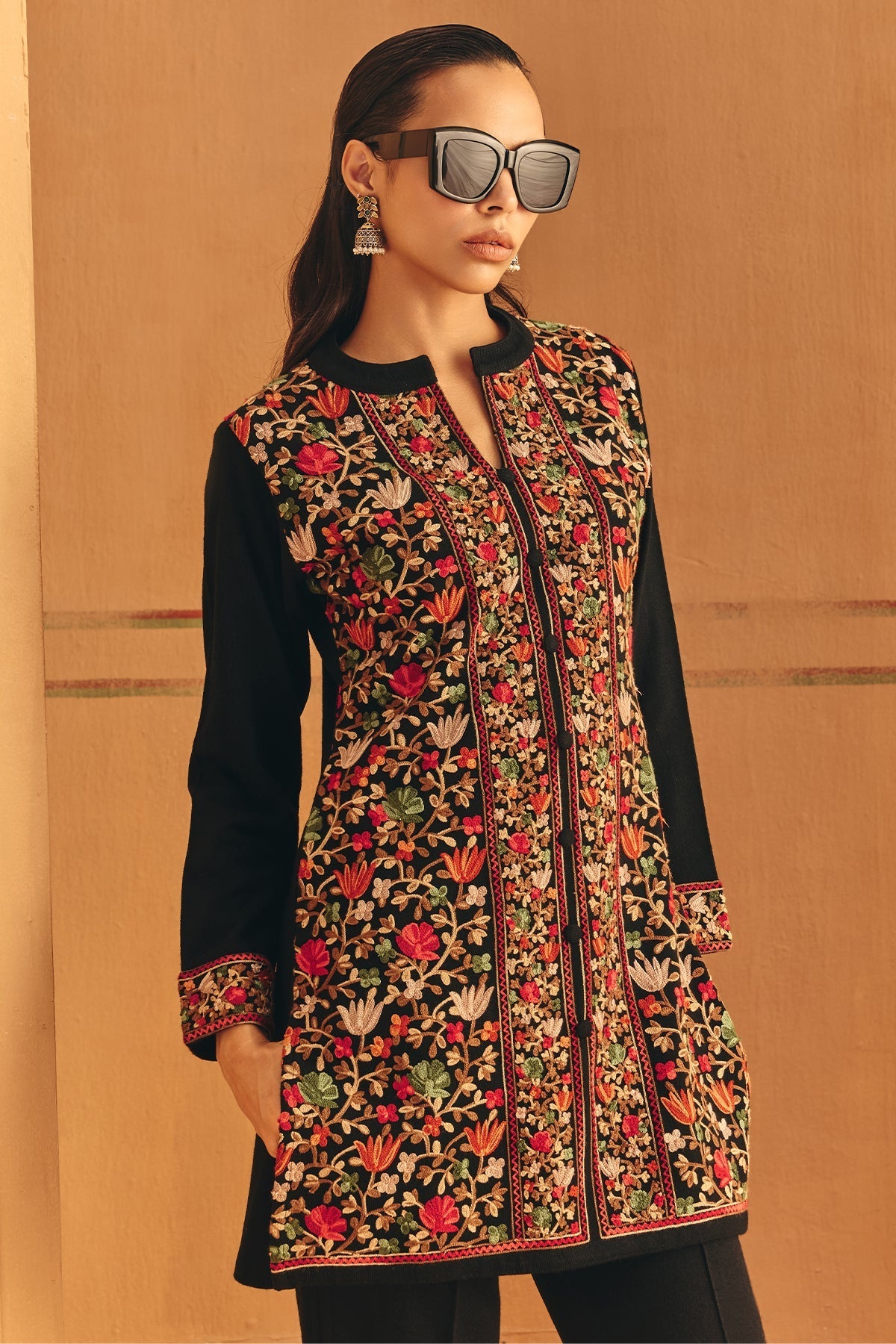 Winter Black Embroidery Ethnic Motifs Woven Co-Ord Set