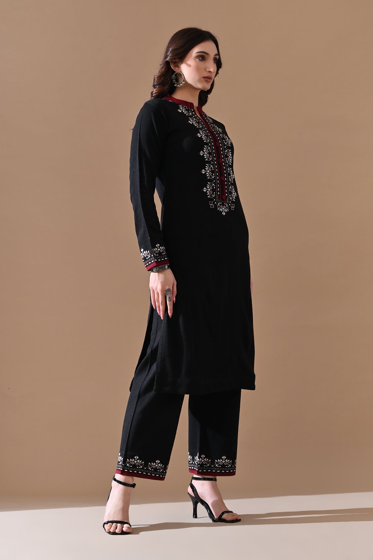 Winter Black Solid Woven Kurta Set