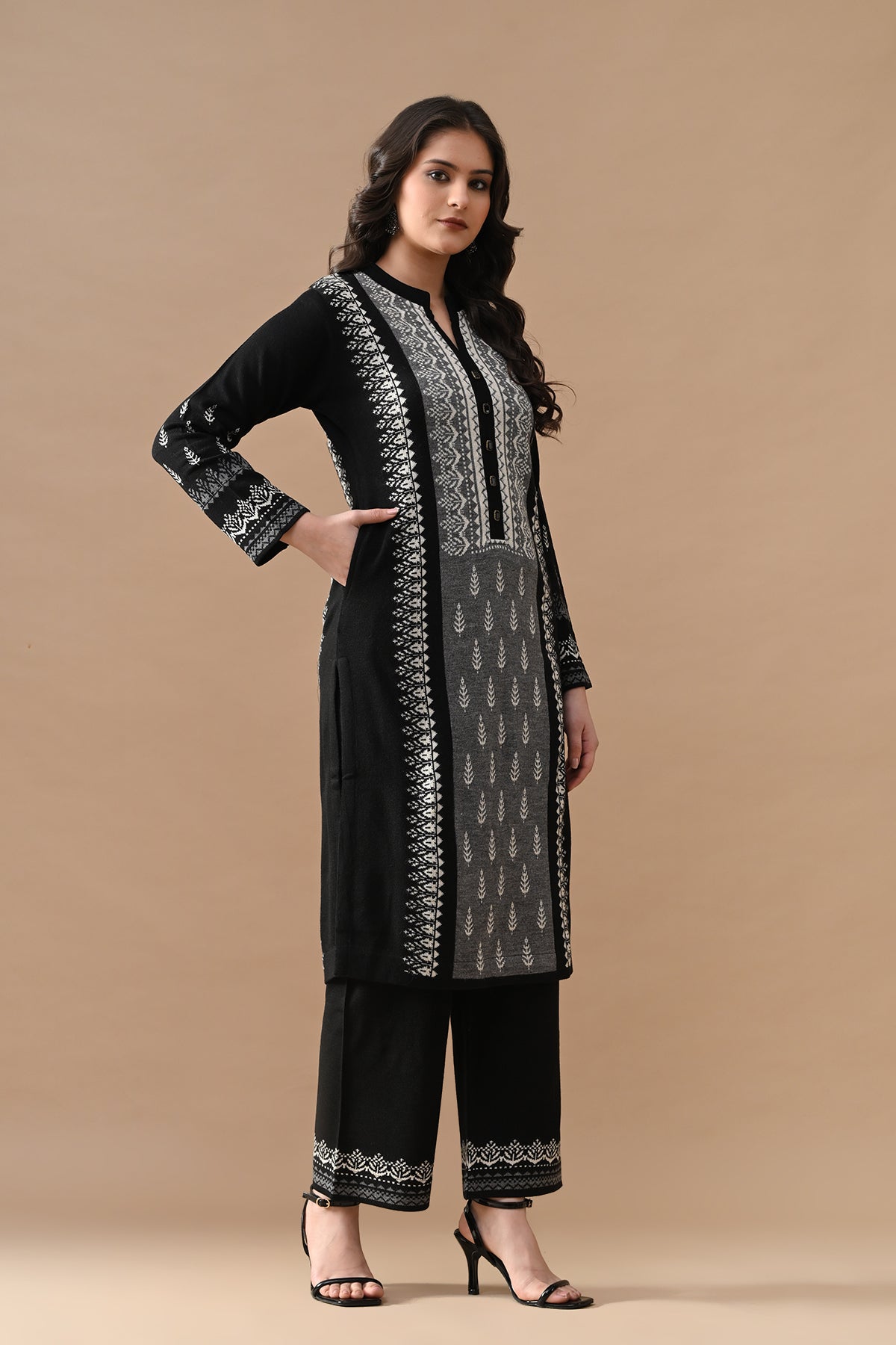 Winter Black Self Design Woven Kurta Set
