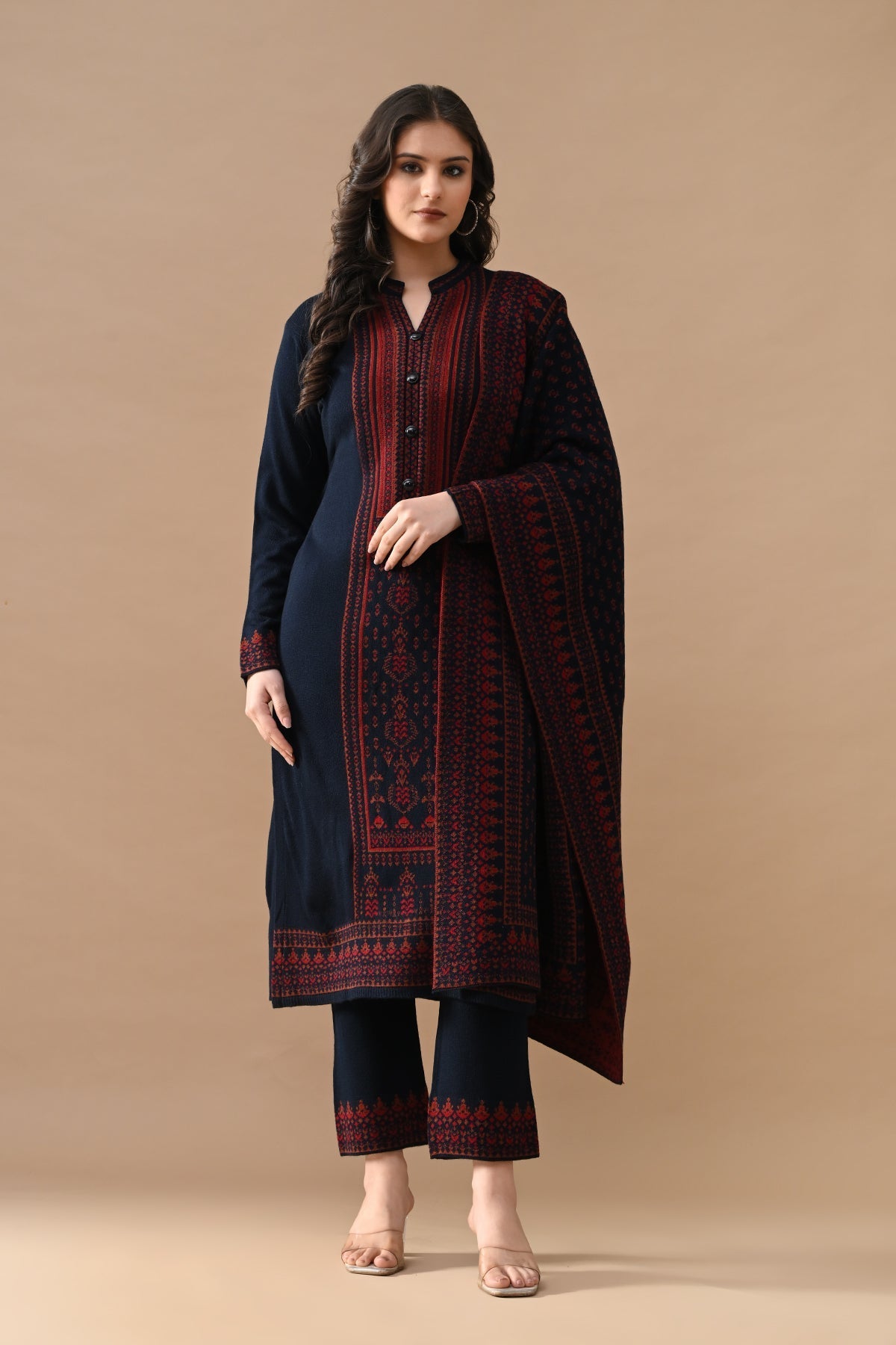 Winter Navy Blue Printed Woven Kurta Set