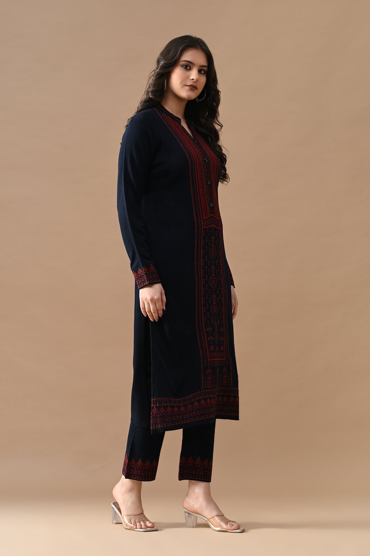 Winter Navy Blue Printed Woven Kurta Set