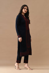 Winter Navy Blue Printed Woven Kurta Set