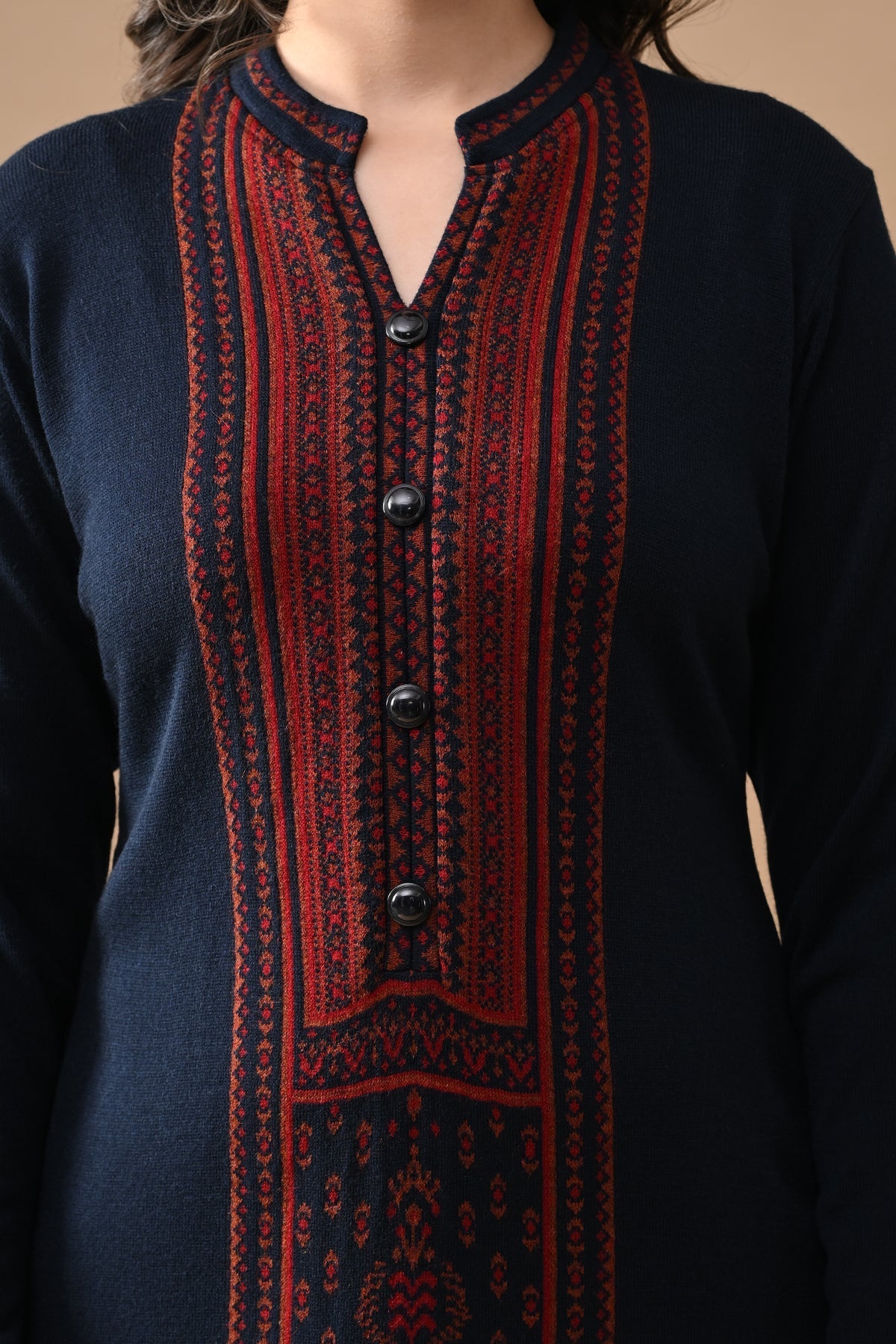 Winter Navy Blue Printed Woven Kurta Set