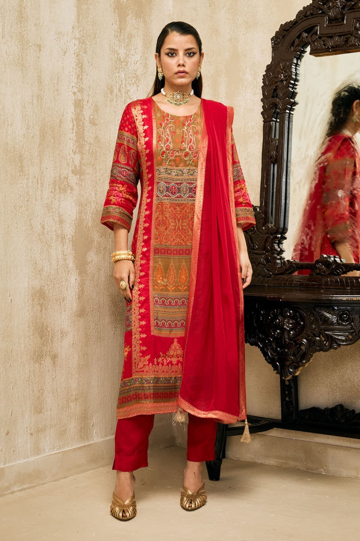 Sabhyata Ladies Western Kurti 3Pcs Set Red