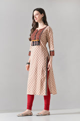 Beige Printed Straight Kurta