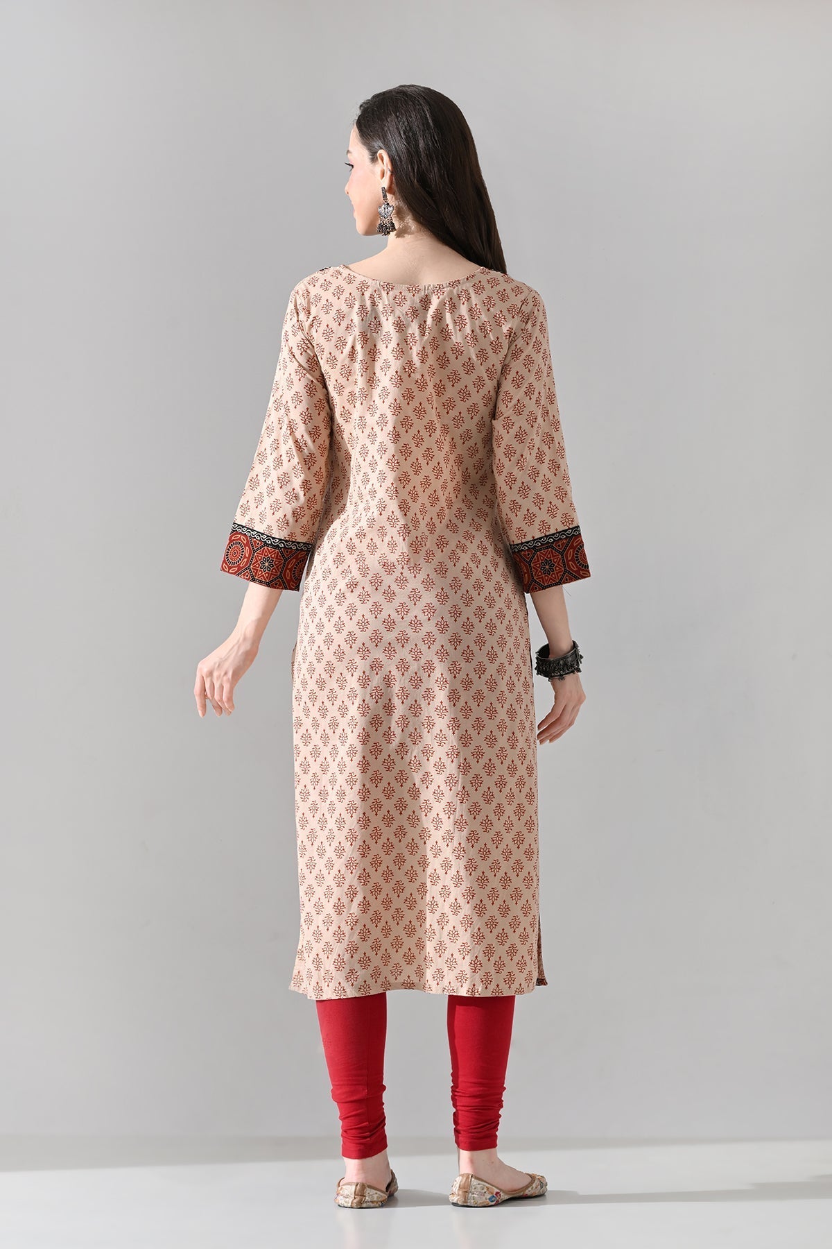 Beige Printed Straight Kurta