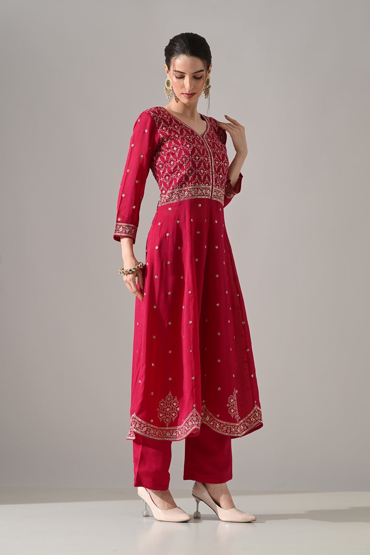 Pink Zari Embroidered Kurta Set